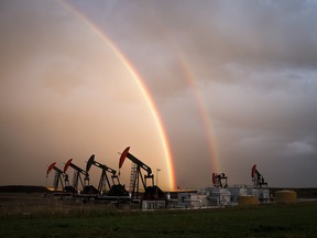 Pumpjacks drawing out oil and gas from wells near Calgary.