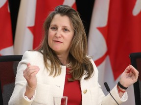 Deputy Prime Minister and Minister of Finance Chrystia Freeland participates in a news conference in Ottawa.
