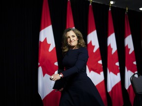 Deputy Prime Minister and Minister of Finance Chrystia Freeland prior to tabling the federal budget in Ottawa.