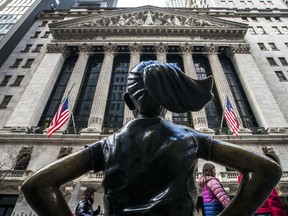 FILE - The "Fearless Girl" statue stands in front of the New York Stock Exchange in New York, March 19, 2024.