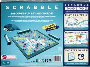 This photo provided by Mattel shows the new version of the board game Scrabble, that includes a new version called Scrabble Together. Mattel has unveiled a double-sided board that features both the classic word-building game and Scrabble Together, a new rendition aimed at making Scrabble more accessible "for anyone who finds word games intimidating."