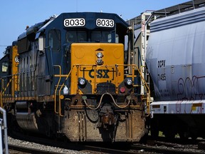 FILE - A CSX train engine sits idle on tracks in Philadelphia, Wednesday, Sept. 14, 2022. Major freight railroads will have to maintain two-person crews on most routes under a new federal rule that was finalized Tuesday, April 2, 2024.