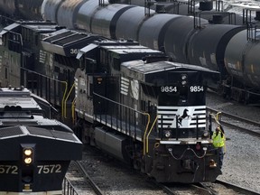 FILE - Norfolk Southern locomotives are moved through the Conway Terminal in Conway, Pa., June 17, 2023. The activist investors trying to take control of Norfolk Southern's board are picking up key support, but the railroad's CEO promised Monday, April 29, 2024, to continue fighting until the May 9 vote because he believes his strategy is the best in the long run for investors, customers and workers.