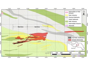 FIGURE 2. Plan view of Rowan deposit projected to surface, with a transparent geology overlay.