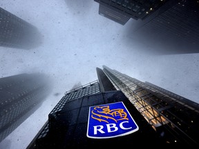 Snow falls around Royal Bank's headquarters in Toronto.