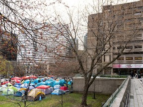 An encampment set up by pro-Palestinian student activists is seen on McGill University campus in Montreal, Monday, April 29, 2024. Pro-Palestinian students have set up protest camps at McGill and other Canadian universities, following on the wave of action seen at U.S. campuses.THE CANADIAN PRESS/Christinne Muschi