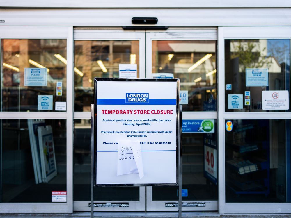 A store closure sign sits outside of the London Drugs Broadway and Vine location in Vancouver on Monday, April. 29, 2024. London Drugs says it has temporarily closed all of its stores in Western Canada as it grapples with a 