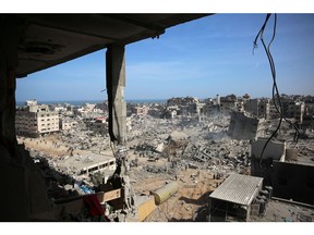 Damage in the area surrounding Gaza's Al-Shifa hospital after the Israeli military withdrew from the complex housing the hospital on April 1. Photographer: -/AFP/Getty Images