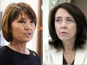 This combination of photos taken on Capitol Hill in Washington shows Rep. Cathy McMorris Rodgers, R-Wash., on March 23, 2023, left, and Sen. Maria Cantwell, D-Wash., on Nov. 3, 2021. The two lawmakers from opposing parties are floating a new plan to protect the privacy of Americans' personal data. The draft legislation was announced Sunday, April 7, 2024, and would make privacy a consumer right and set new rules for companies that collect and transfer personal data. (AP Photo)