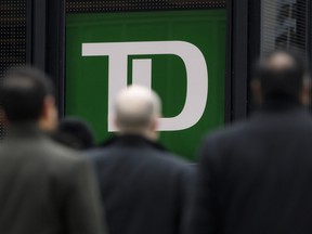 Signage on a Toronto-Dominion (TD) Canada Trust bank branch in Toronto, Ont. on March 2, 2022.