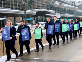 WestJet Encore Airlines pilots and personal took to the picket line at the Calgary International Airport in Calgary on Friday, March 22, 2024.