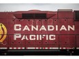A Canadian Pacific Railway locomotive at a rail yard in Calgary, Alberta, Canada, on Monday, March 22, 2021. Canadian Pacific Railway Ltd. agreed to buy Kansas City Southern for $25 billion, seeking to create a 20,000-mile rail network linking the U.S., Mexico and Canada in the first year of those nations; new trade alliance.