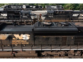 Railcars loaded with cargo at a Norfolk Southern rail terminal in Atlanta, Georgia, US, on Tuesday, July 25, 2023. Norfolk Southern Corp. is scheduled to release earnings figures on July 27. Photographer: Elijah Nouvelage/Bloomberg