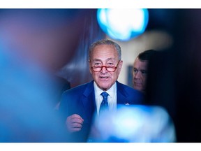 Senate Majority Leader Chuck Schumer, a Democrat from New York, addresses reporters following a bipartisan forum on artificial intelligence in September.