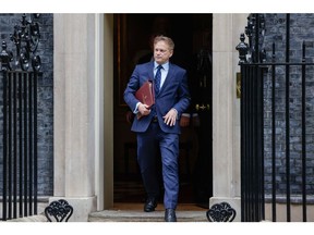 Grant Shapps, UK defence secretary, departs following a meeting of cabinet ministers at 10 Downing Street, ahead of the presentation of the Autumn Statement in parliament, in London, UK, on Wednesday, Nov. 22, 2023. UK Chancellor of the Exchequer Jeremy Hunt aims to boost business investment by £20 billion ($25 billion) a year by unleashing a package of measures on Wednesday including making permanent a 100% tax relief on investment spending by British businesses.