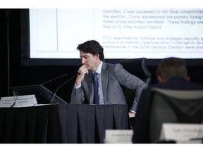 Justin Trudeau, Canada's prime minister, testifies before a foreign interference inquiry in Ottawa, Ontario, Canada, on Wednesday, April 10, 2024. Trudeau was pressured to call the public hearing after a series of leaks last year to Canadian news outlets of intelligence reports on Chinese interference, the New York Times reports. Photographer: David Kawai/Bloomberg