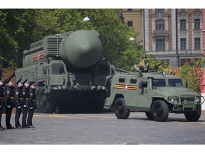Russian RS-24 Yars nuclear missile during military parade rehearsals, in Red Square, Moscow, on May 5.