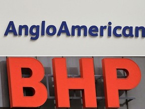 The Anglo American and BHP logos. Anglo has said said it won’t give BHP Group any further time to commit to a takeover offer.