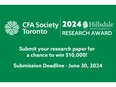 CFA Society Toronto and Hillsdale Investment Management Inc. invites submissions for the 2024 Hillsdale Investment Management – CFA Society Toronto Research Award. The submission deadline is June 30, 2024.