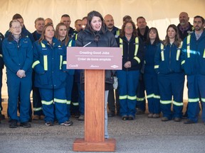 Alberta Premier Danielle Smith speaks at the Dow Chemical announcement, that will finalized plans to construct the world's first net-zero carbon emissions ethylene and derivatives complex, in Fort Saskatchewan Alberta, on Wednesday November 29, 2023. Canadian Utilities Ltd., a subsidiary of Calgary-based holding company ATCO Ltd., says it plans to build a new natural gas pipeline in Alberta to supply a massive net-zero petrochemical project being built northeast of Edmonton.