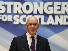 Newly elected leader of the Scottish National Party (SNP), John Swinney, delivers his acceptance speech at the Advanced Research Center (ARC) at the University of Glasgow in Glasgow on Monday May 6, 2024, after being confirmed as the new leader of the SNP.