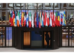 Flags of the European Union member states at the Council of the European Union's Lex building in Brussels, Belgium.