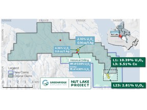 Newly acquired Nut Lake Uranium South Claims and historical highlights (Inset shown in Figure 3)