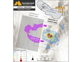 Highlights of the Swan target include the strong Au geochemical anomaly, phyllic and argillic alteration zones, and the partial chargeability high ring feature defined from a historic IP survey.