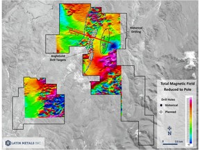 Map showing Total magnetic Intensity (Reduced to Pole) over the Organullo and Ana Maria properties.  Historical drilling and AngloGold's planned drilling also shown, together with the location of the Cross Section included as Figure 2.