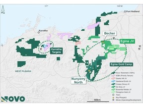Figure 1: Novo tenure showing priority project areas in the Egina Gold Camp and Karratha District