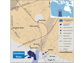 Overview of the Southwest Athabasca Uranium District highlighting Standard Uranium's flagship Davidson River project and regional geological relationships to known high-grade uranium deposits. Davidson River contains more than 70 km of prospective conductor corridors that link to known uranium mineralization in the region.