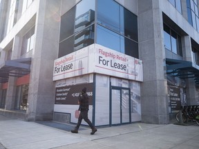 Business insolvencies almost doubled year over year in the first quarter of 2024, while consumer insolvencies reached their highest level since the last pre-pandemic quarter. A commercial retail space is advertised for lease along King Street West in Toronto on March 9, 2021.