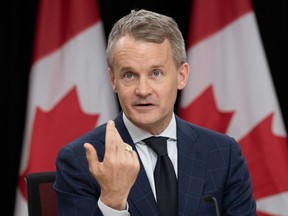 The federal government is asking a labour tribunal to review whether a strike by rail workers would jeopardize Canadians' health and safety. Labour and Seniors Ministerr Seamus O'Regan during a news conference, in Ottawa, Wednesday, May 1, 2024.