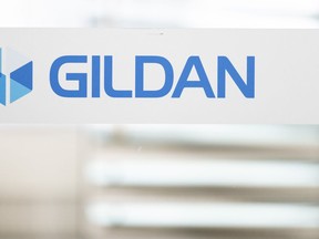 The Gildan logo is seen outside their offices in Montreal on Monday, December 11, 2023.