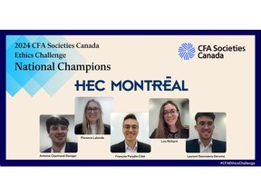 HEC Montréal winners of the 2024 CFA Societies Canada Ethics Challenge. Antoine Chartrand-Deniger, Laurent Desrosiers-Derome, Florence Lalonde, François Paradis-Côté, and Lou Richard