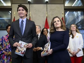 Prime Minister Justin Trudeau, Deputy Prime Minister, Minister of Finance Chrystia Freeland and cabinet ministers before the tabling of the federal budget on Parliament Hill in Ottawa.