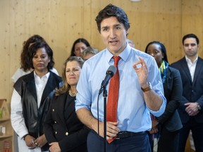 Prime Minister Justin Trudeau speaks to media at Stationview YMCA Child Care Centre in St. Thomas, Ont.