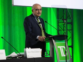 Bharat Masrani, chief executive of Toronto-Dominion Bank, speaking during the bank's annual general meeting in Toronto.