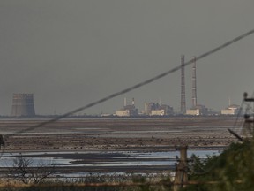 The Zaporizhzhia nuclear power plant, Europe's largest, in the background of the shallow Kakhovka Reservoir after the dam collapse, in Energodar, Russian-occupied Ukraine, June 27, 2023.