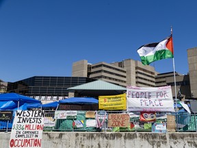 The pro-Palestine encampment at Western University in London, Ont., on May 30.