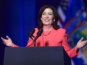 FILE - New York Gov. Kathy Hochul speaks in Syracuse, N.Y., April 25, 2024. Gov. Hochul says she regrets making an offhand remark that suggested Black children in the Bronx do not know what the word "computer" means. The Democratic governor made the extemporaneous comment Monday, May 6, 2024 while being interviewed at a large business conference in California.