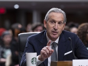 FILE - Starbucks founder and former CEO Howard Schultz testifies before the Senate Health, Education, Labor and Pensions Committee at the Capitol in Washington, Wednesday, March 29, 2023. In a LinkedIn post published over the weekend April 4, 2024, Schultz says the company's leaders should spend more time in stores and focus on coffee drinks as they work to turn around flagging sales.