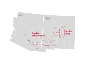 Map of the SunZia transmission link connecting New Mexico and Arizona