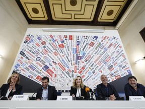 From left: Costanze Reuscher, member of the Italian Foreign Press Association, holds a press conference at the association's headquarters in Rome on Monday, May 6, 2024, with journalists from the Italian state television RAI, Daniele Macheda, Serena Bortone, Vittorio di Trapani and Sigfrido Ranucci.  Journalists from Italian state broadcaster RAI went on strike on Monday to protest against budget cuts and what they said was an increasingly repressive atmosphere in Italy for the media under Prime Minister Giorgia Meloni's government.