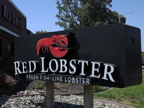A sign is posted in front of a Red Lobster restaurant on May 14, 2024 in Fremont, Calif.