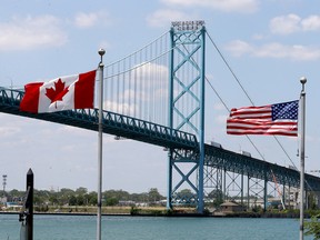 International border crossing at the Ambassador Bridge as seen from the Vietnam Memorial on the Windsor riverfront on June 16, 2020.