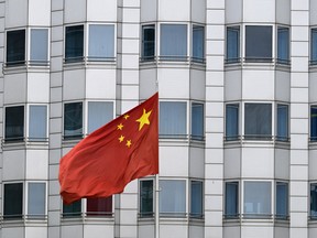 The Chinese flag is pictured in front of the building of the Chinese embassy in Berlin on April 22, 2024.