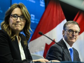 Governor of the Bank of Canada Tiff Macklem, right, and Senior Deputy Governor Carolyn Rogers participate in a news conference on the Bank of Canada’s release of the 2024 Financial Stability Report in Ottawa on May 9, 2024.