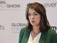 Alberta Premier Danielle Smith speaks with media at the Global Energy Show in Calgary on June 12, 2024.