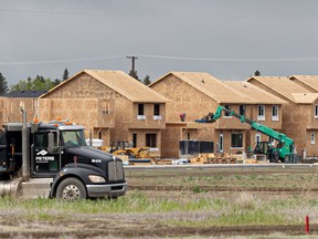A row of houses under construction in the Brighton neighbourhood in Saskatoon, Sask. on June 4, 2024.